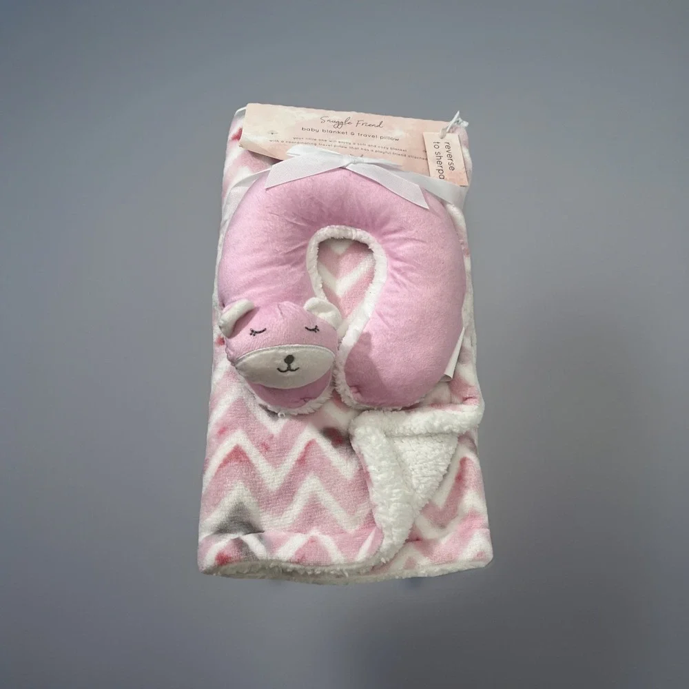 Cuddle Time Baby Blanket  Set Neck Rest Pink‎ Soft Plush Sherpa